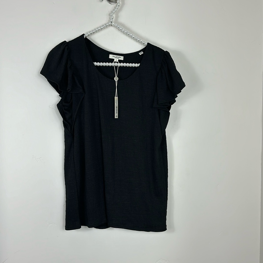 Max Studio Black Flutter Sleeve Crinkle Jersey Short-Sleeve Top Small NWT